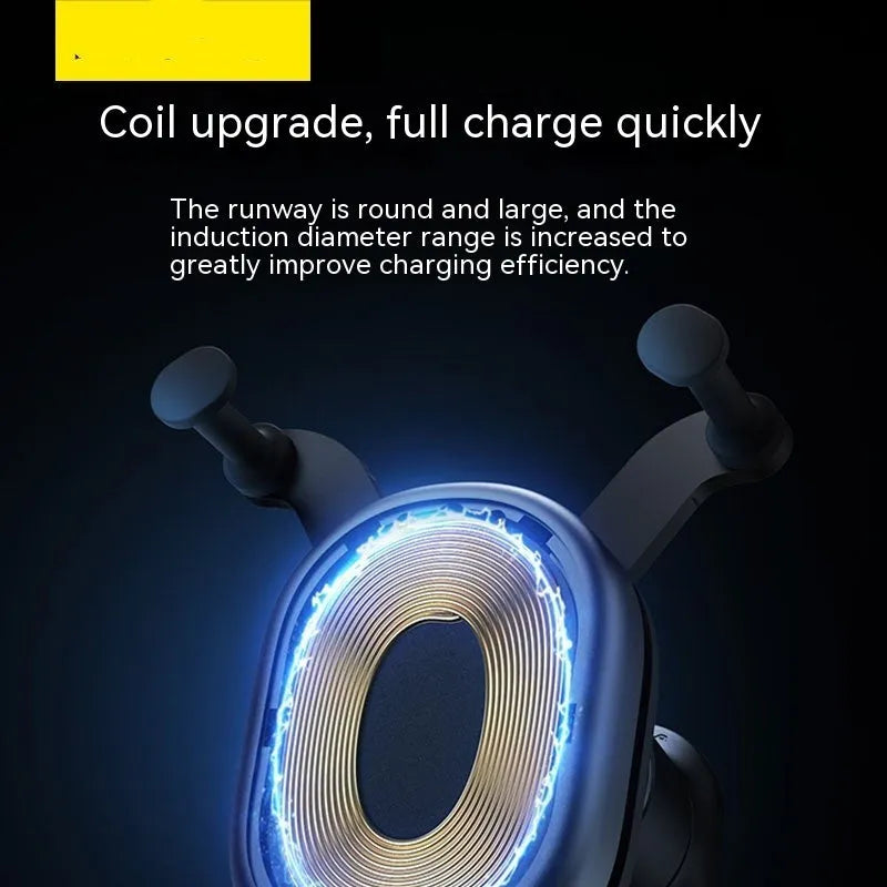 Car phone holder wireless charger with gravity sensor anti-shake design in black on a dashboard