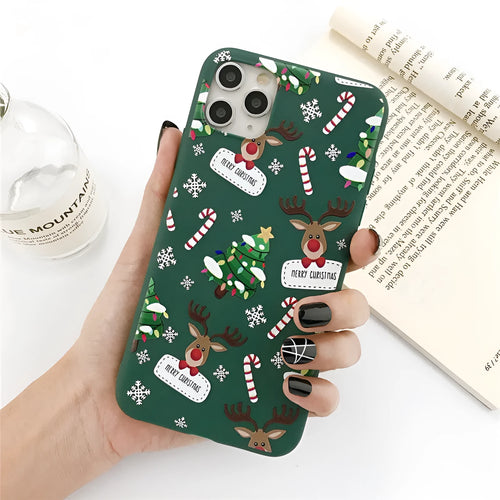 Green Christmas elk cartoon iPhone case with striped pattern on TPU back cover