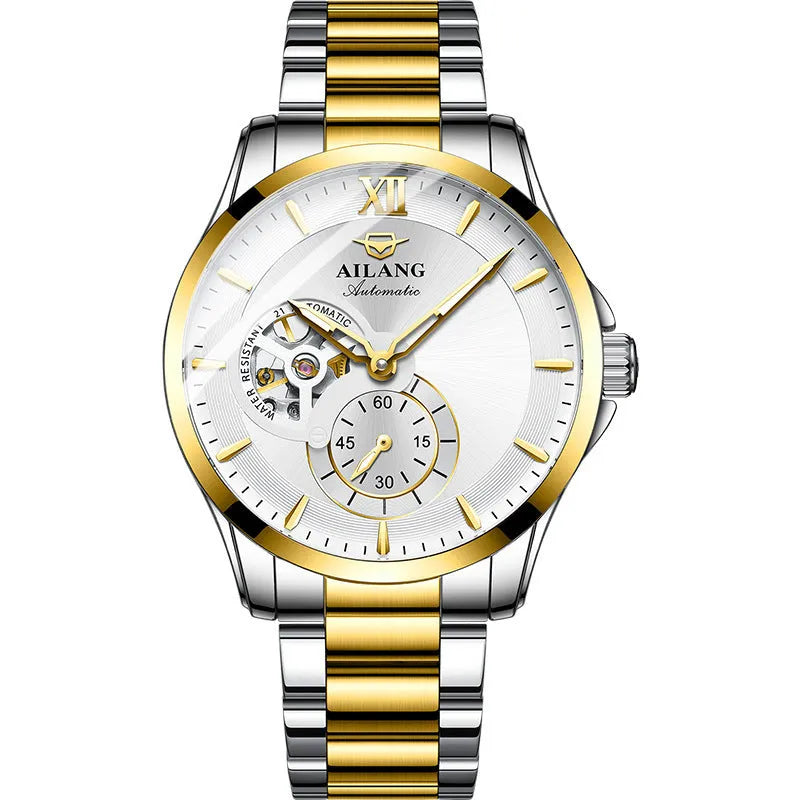 Men's mechanical skeleton watch with 41mm round dial, luminous hands, fine steel strap, and 30-metre water resistance
