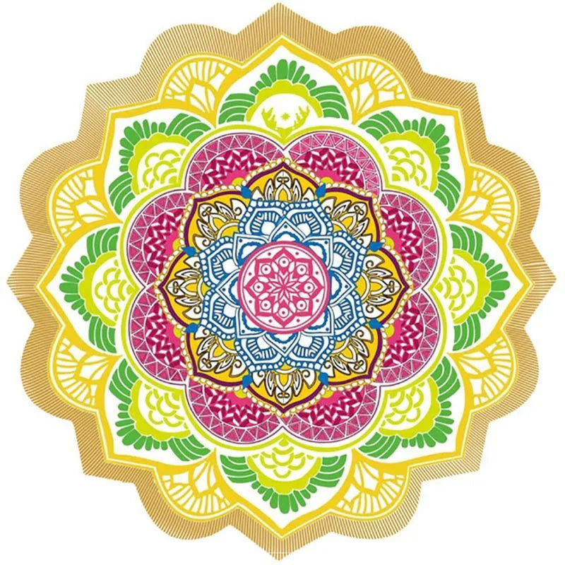 Round 150cm printed tassel yoga mat and beach towel in retro ethnic design with colour options