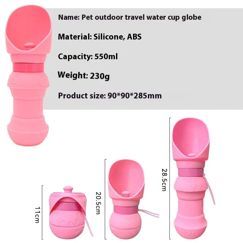 A folded flat and an unfolded silicone pet water cup in various colours including pink, black, and pineapple designs.