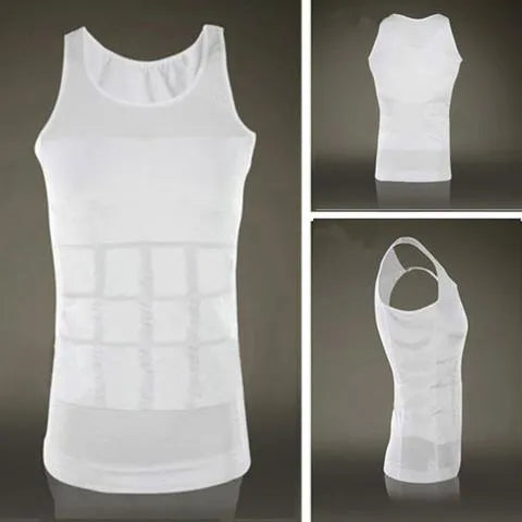 Men body shaper vest in black side view showing U-neck and form-fitting compression fabric