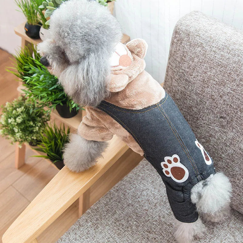 Paw print bear cotton padded pet clothes in brown black spot, grey navy blue spot, and thickened badge lattice, sizes XS to XL