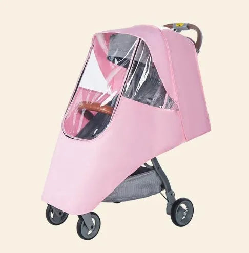 Universal baby stroller rain cover in blue, showing nonslip handle and pedal on a pram.