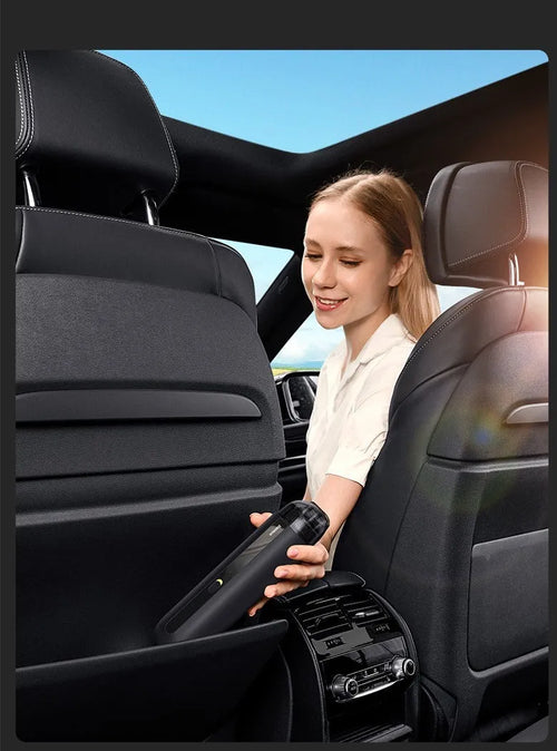 Wireless handheld car vacuum cleaner in black, white, or green with blowing hose attachment.