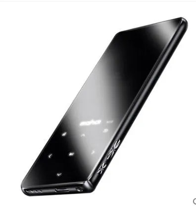 Ultra-thin black portable MP3 player with a 2.4-inch touchscreen showing music playback interface.
