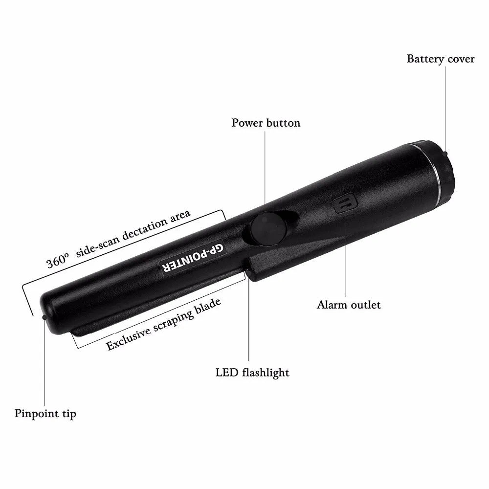 Garrett Pro Pointer handheld pinpointer metal detector in black on a table with belt holster