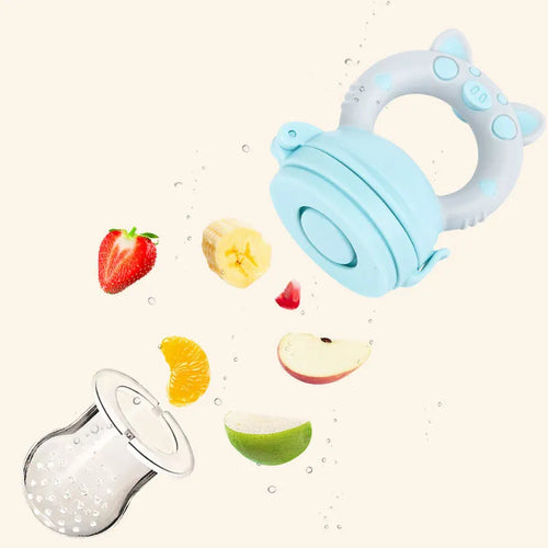 Blue, green, and pink silicone baby teethers showing both single and triple mouthpiece style options.