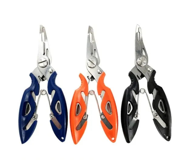 Stainless steel curved nose fishing pliers in blue with jaws open on a dark surface