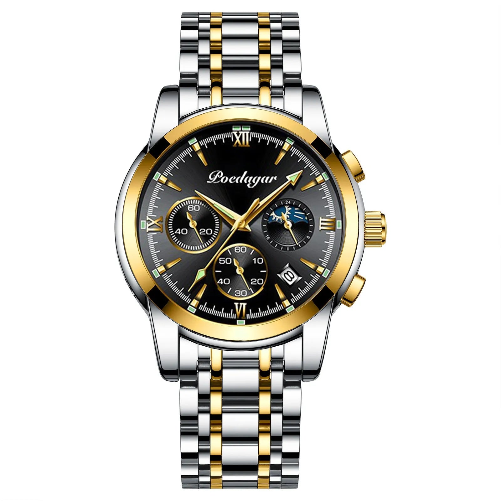 Multifunctional men's luminous waterproof quartz watch with stainless steel belt, silver case, and blue dial, 7mm thickness