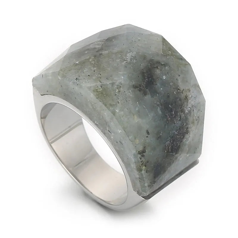 Women's geometric stainless steel natural stone ring with 17mm width in electroplated finish