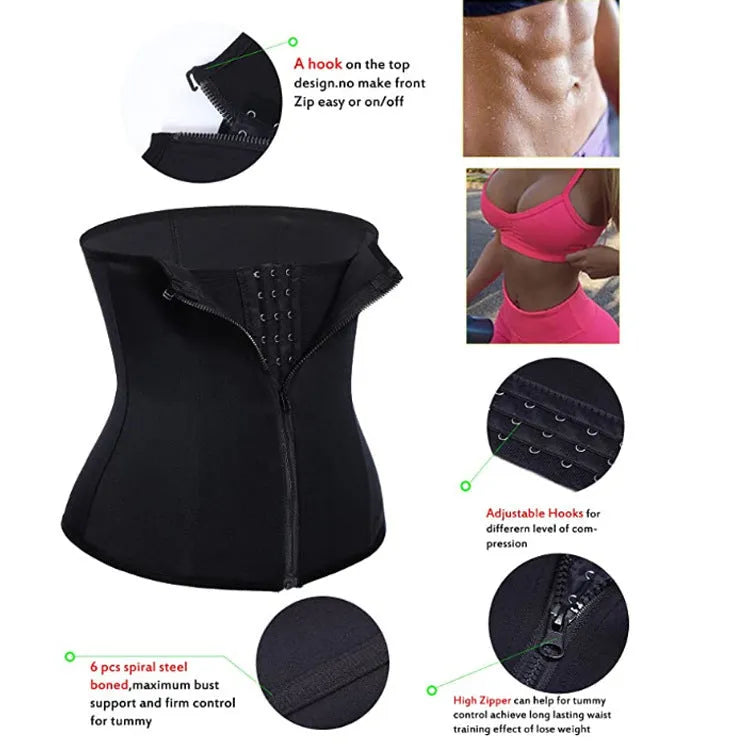 Black zipped neoprene corset body shaper with three-breasted belt and buckle for waist and hip shaping