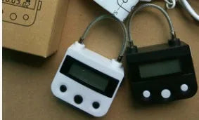 Electronic timer lock for bondage and chastity restraints, black or white ABS and steel wire, USB rechargeable, with screen and buttons.