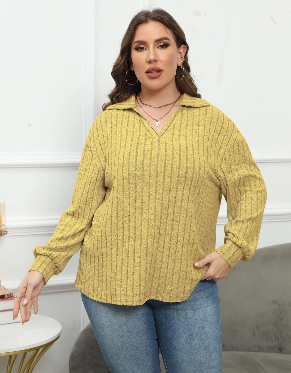 Women's plus size polo collar bottoming shirt in melange gray velvet dyed polar fleece with lantern sleeves