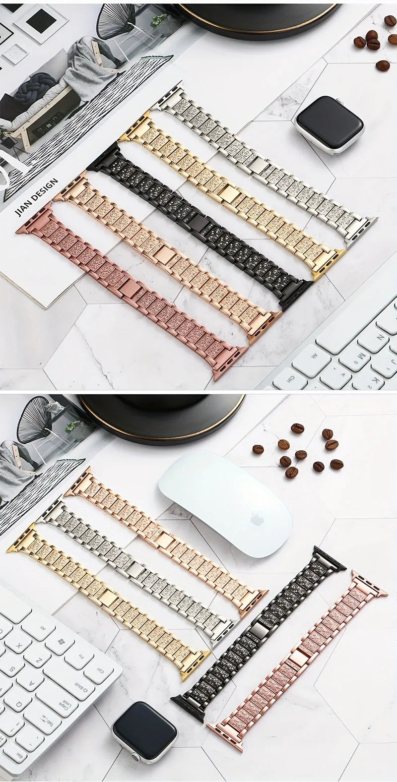 Metal diamond-encrusted watch band in rose gold colour, adjustable bracelet style for women