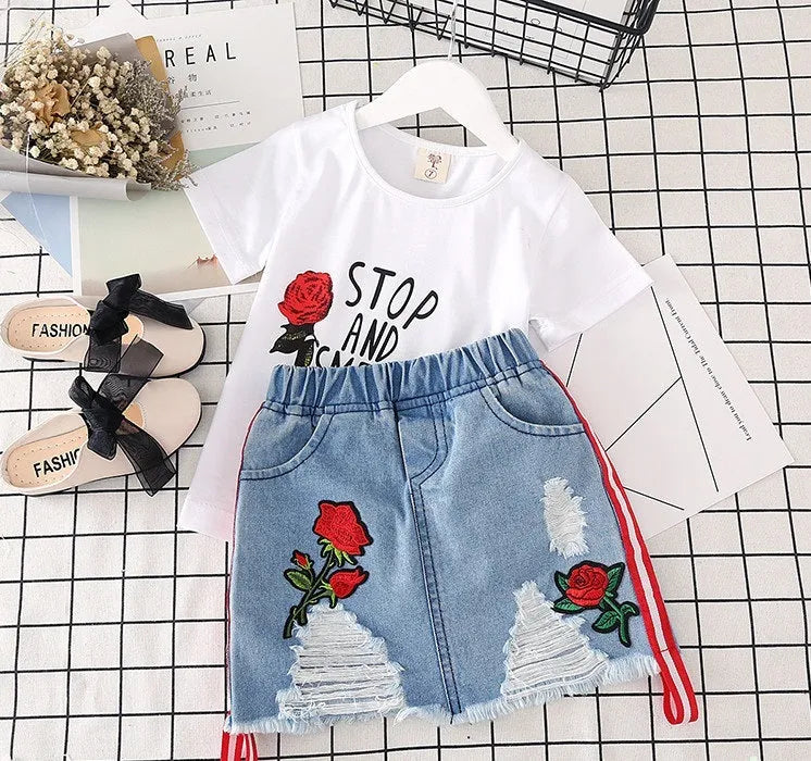 Girls 2 piece outfit with white t-shirt and denim skirt, black or red letters, sizes 100cm to 140cm