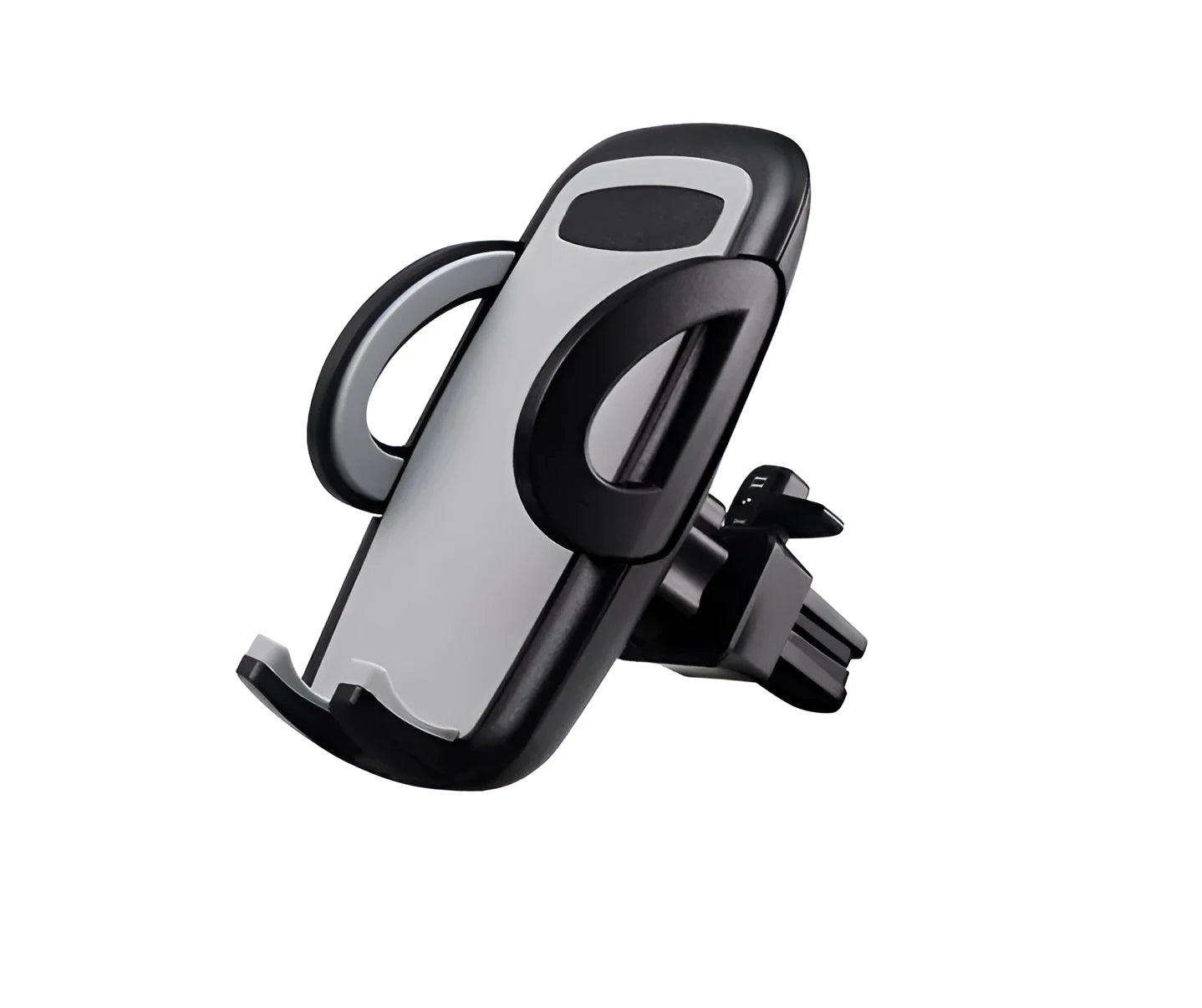 Black plastic mobile phone holder mounted on a car air conditioning vent