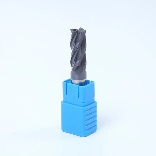 Carbide milling cutter with straight shank and spiral cutting edge showing four-slot design