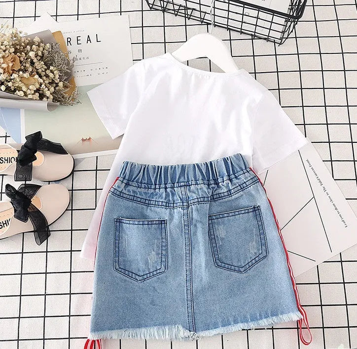 Girls 2 piece outfit with white t-shirt and denim skirt, black or red letters, sizes 100cm to 140cm