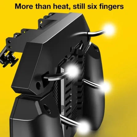 AK77 black mobile phone game handle with physical triggers, heat sink power supply and rotating lever for PUBG gaming