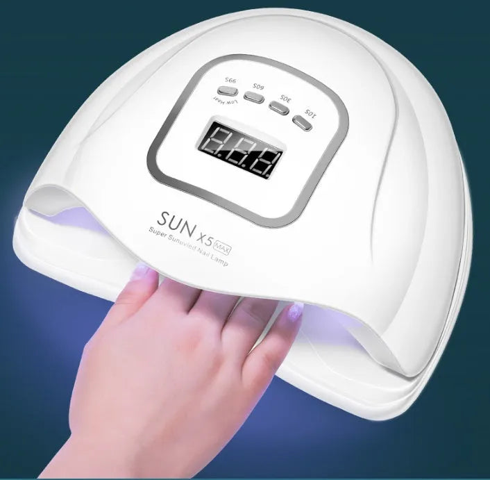 White nail polish dryer lamp with 45 LED/UV beads inside the curing chamber.