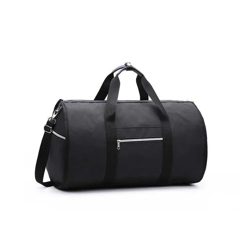 Medium sized cylindrical travel bag in black, made from oxford cloth with a top zipper.