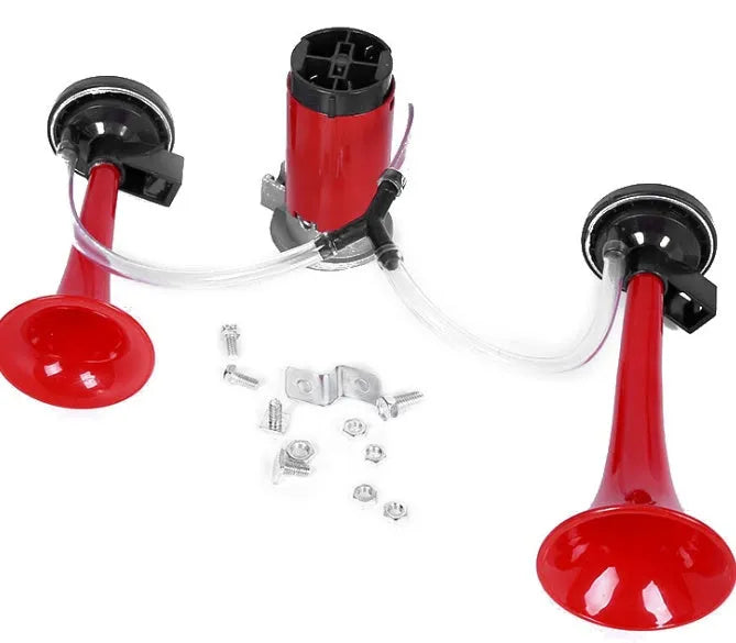 12V electric horn in black or red, 220mm or 170mm length, 105-115dB, 60/50W