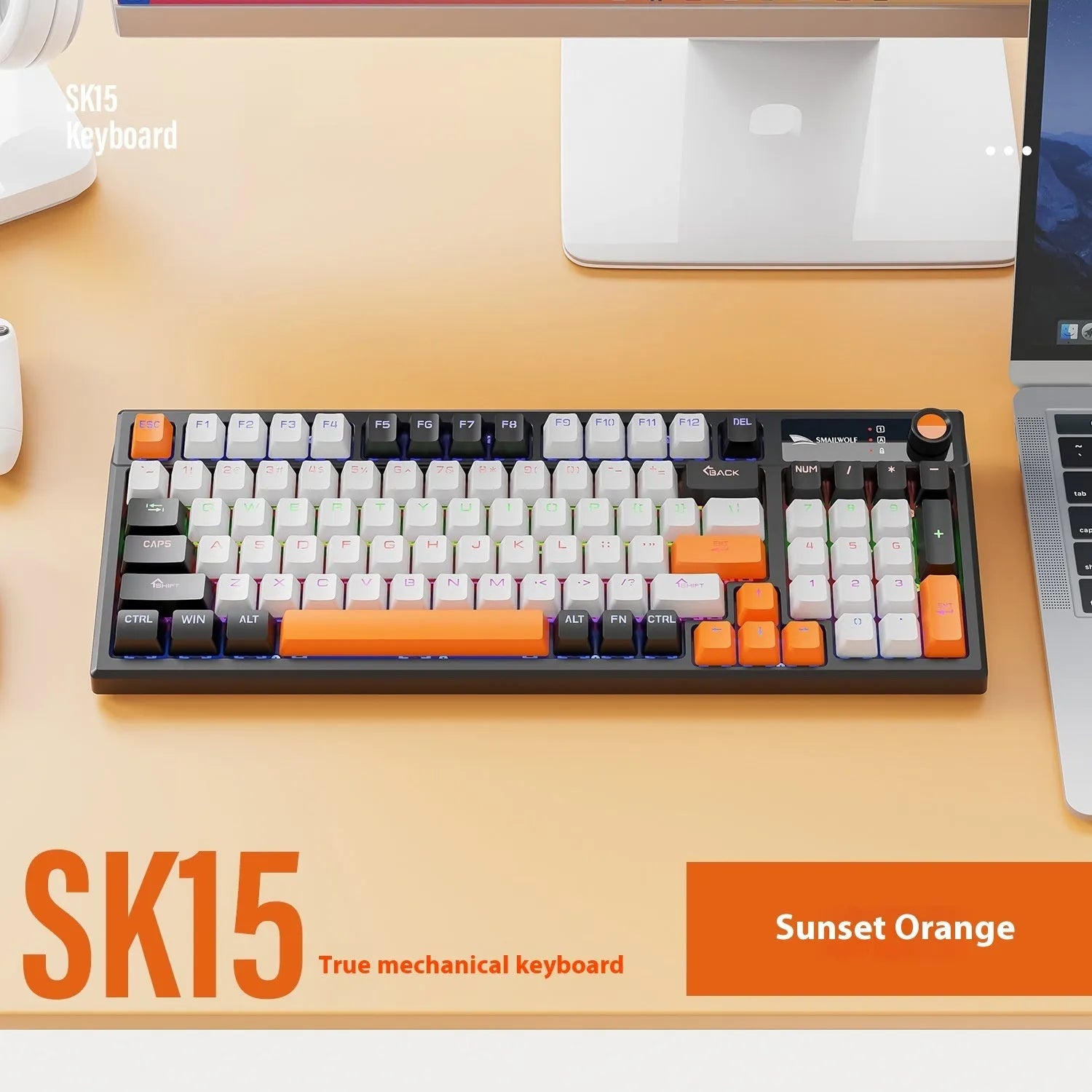 SK15 wired mechanical gaming keyboard with control knob in three colour options: Black, Sunset Orange, and Autumn Water Blue