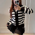 Women's black striped contrast colour knitted hooded cardigan with zipper front, loose fit cashmere blend