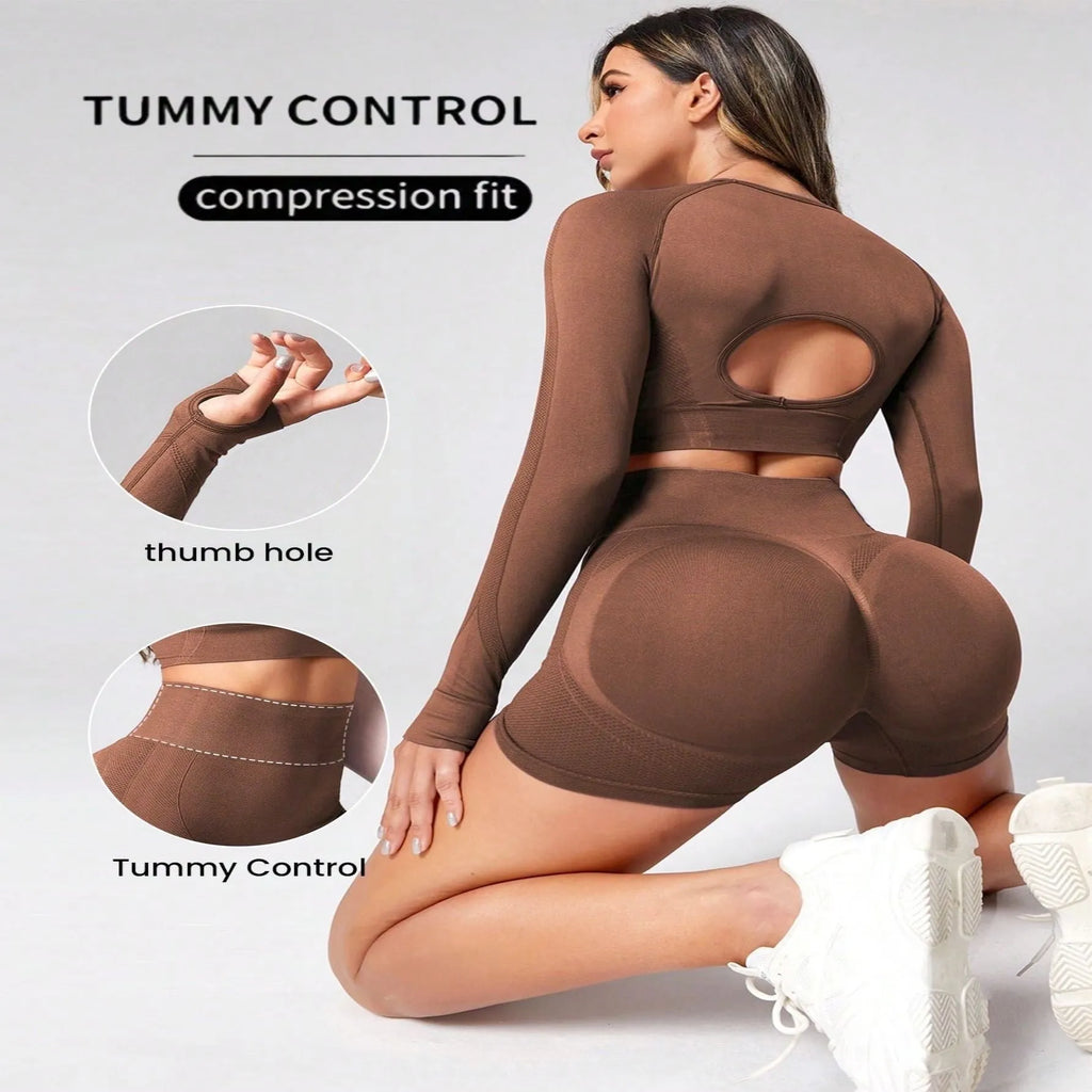 Women's high waist yoga suit in black, brown, or purple with long sleeves and quick-dry fabric