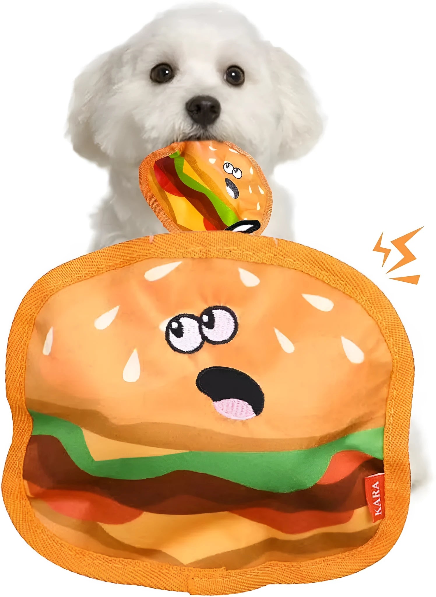 Colourful food-shaped dog toys including a burger, fries, hot dog, and pizza on a white background.