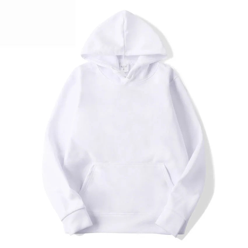 A solid colour pullover hoodie for men and women with a hood and long sleeves.