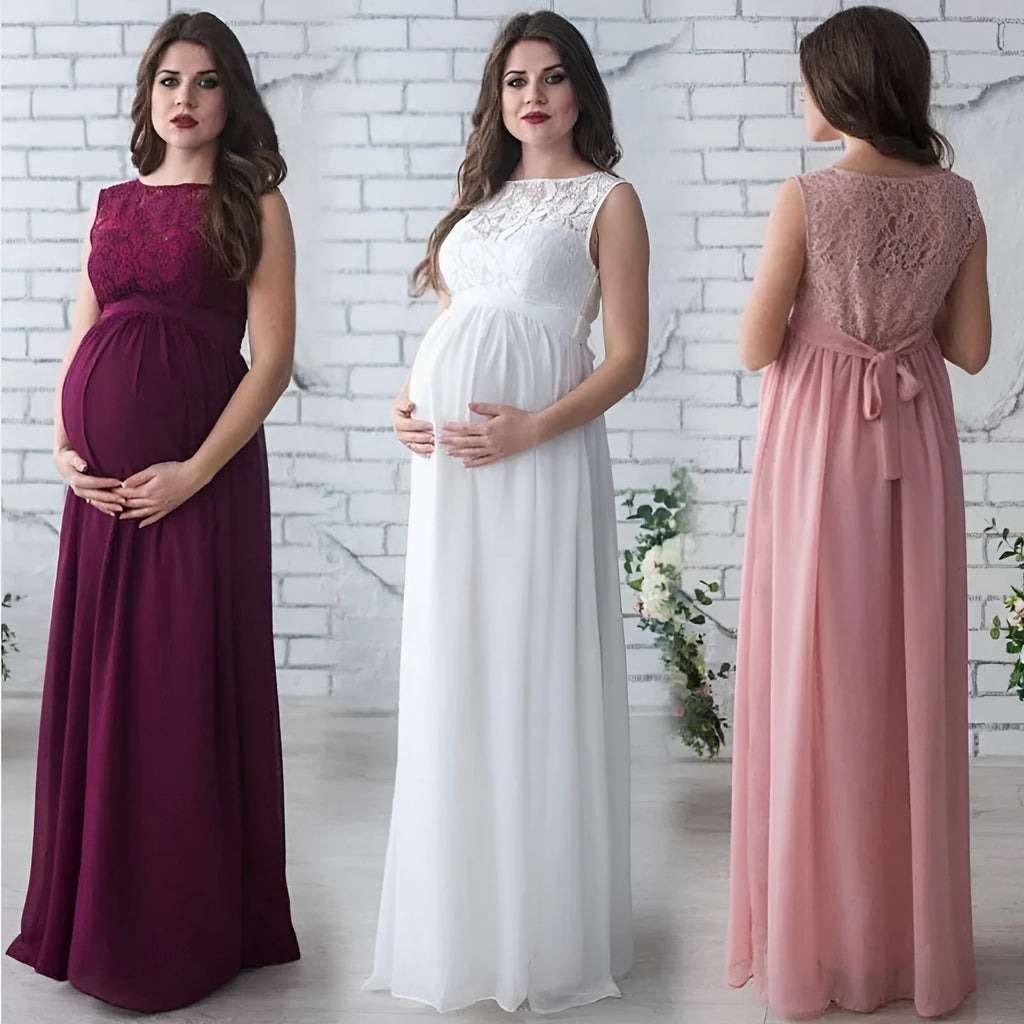 Lace sleeveless maternity dress in white made from polyester fibre