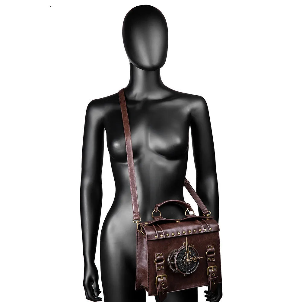 Bronze steampunk industrial retro style shoulder bag with metal hardware and pillow bag shape
