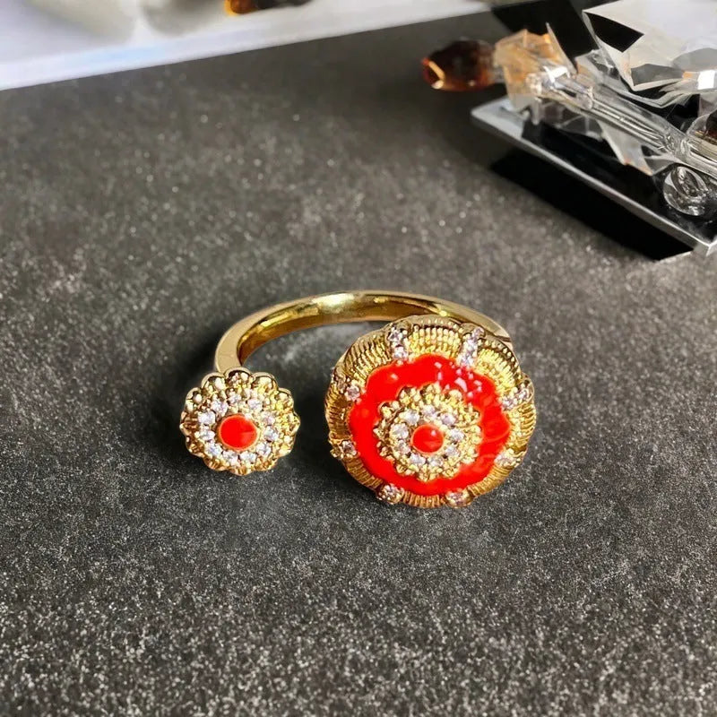 Adjustable copper ring with vintage gourd, floral, and bow design in New Chinese style, set with zircon stones.