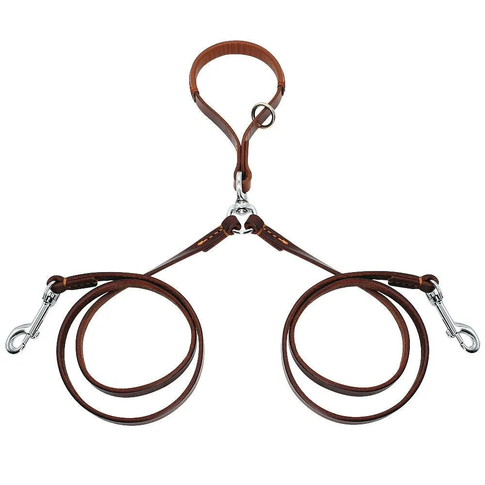 Leather 2-way dog leash in black or brown for walking two dogs hands-free