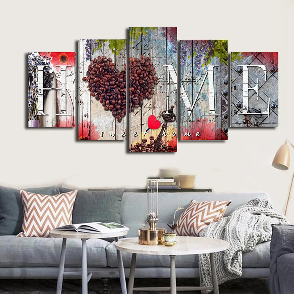 Red oil painting style wall panels in graduated sizes for coordinated home decoration