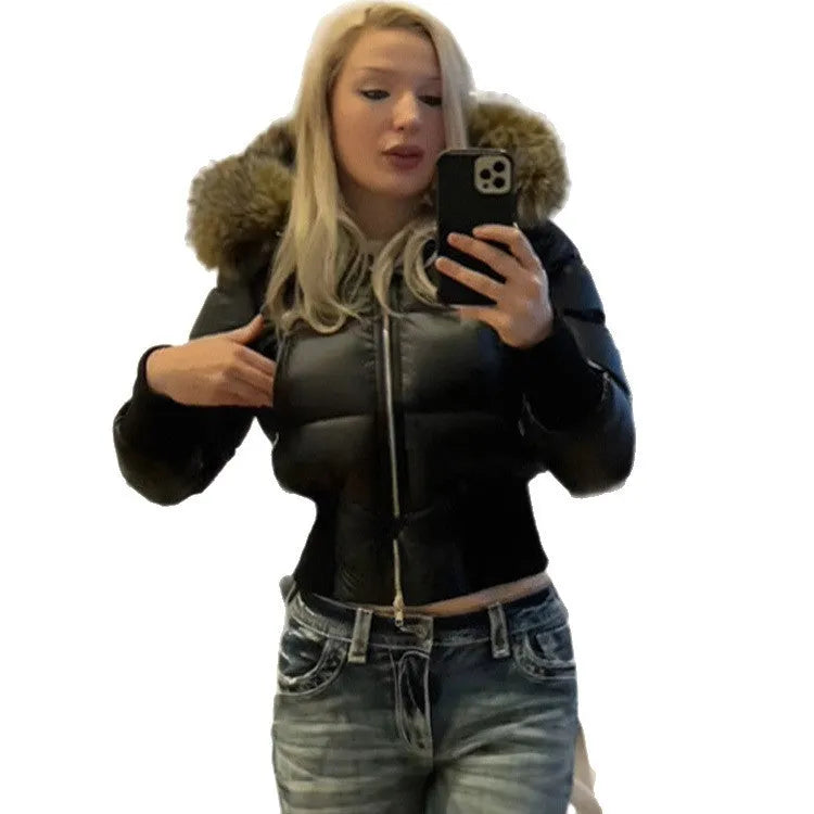 Black hooded cotton coat with detachable sleeves, faux fur collar and waist-cinching design, short padded women's jacket