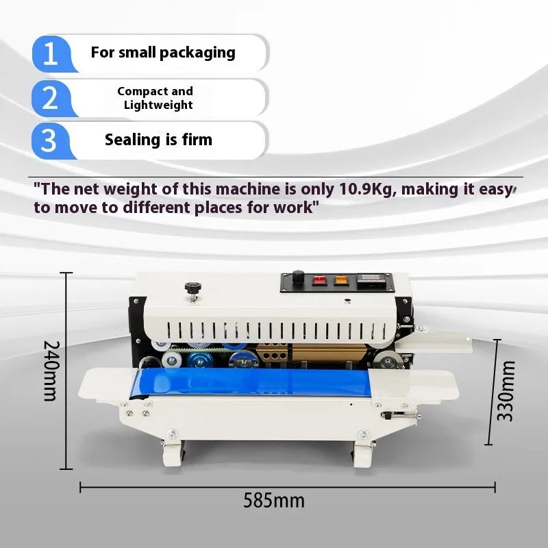 Compact manual steel seal sealing machine with integrated date printer on a worktop.