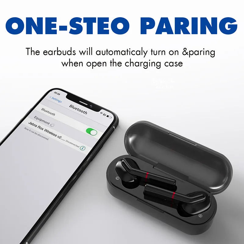 Black and white VV1 Bluetooth earphones with a compact charging case.