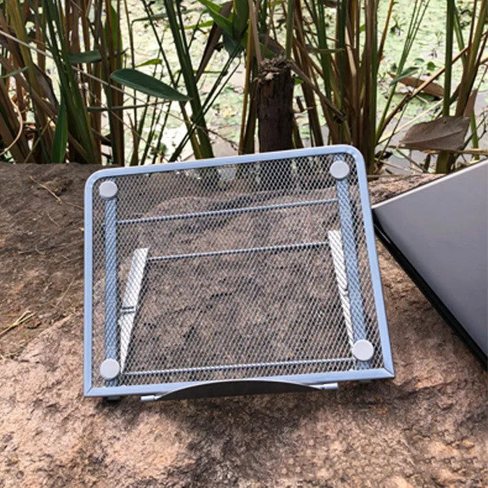 Foldable iron laptop stand, 24.5 x 20 cm, with semi-circular baffle and four non-slip soft pads