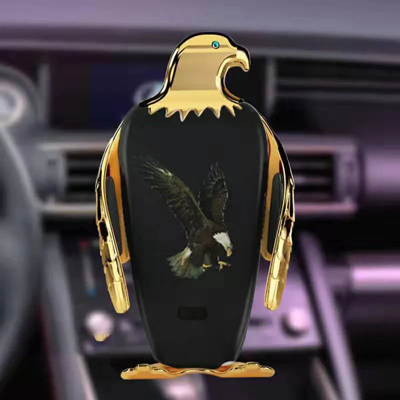 Wireless charging car phone holder in black gold colour with snap-on suction cup.