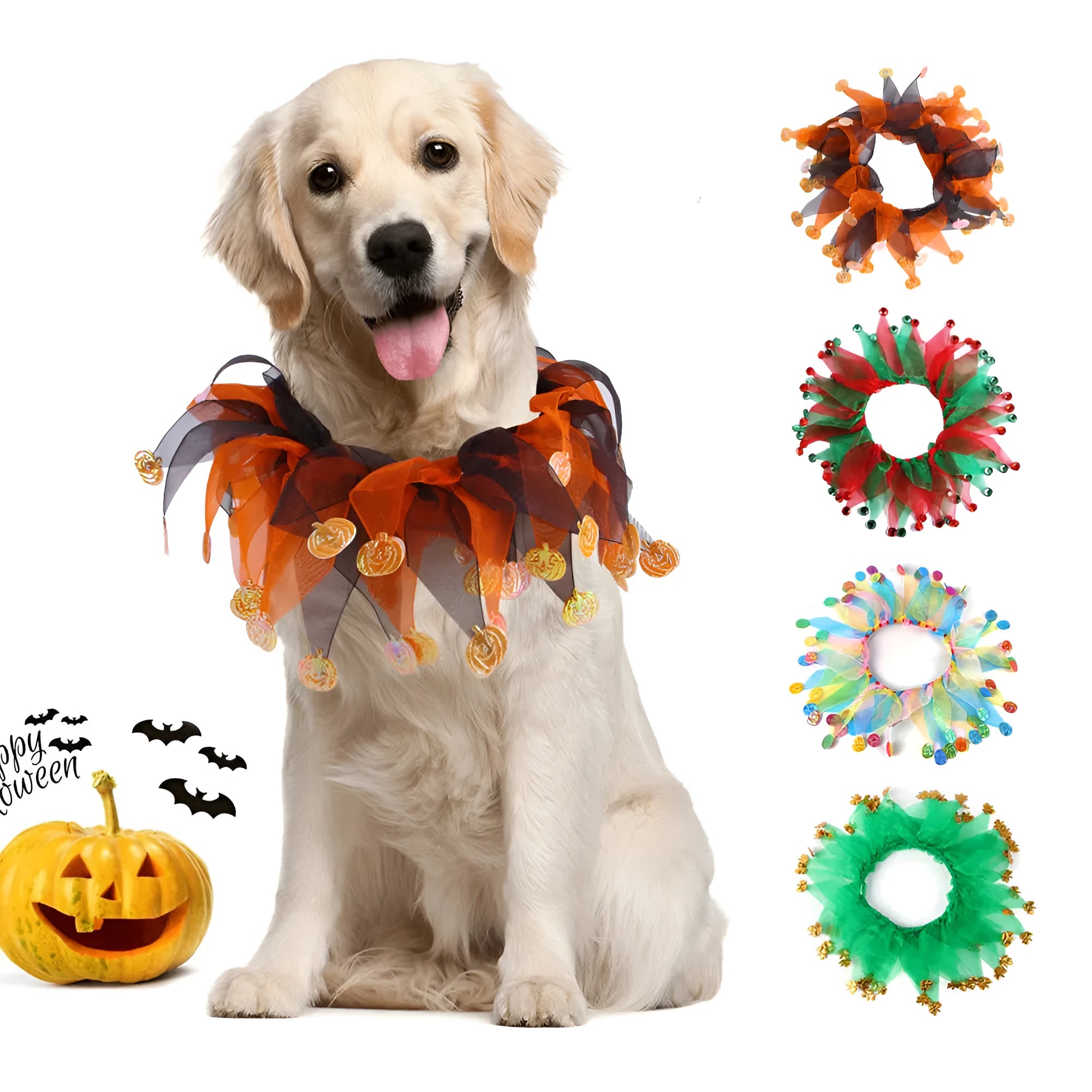 Tie-dyed cloth dog collar in seasonal colours including Christmas and Halloween styles