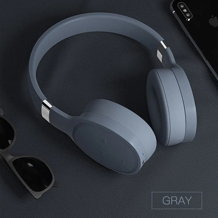Wireless Bluetooth headset in black, blue, grey, or white with 40mm speakers and rechargeable battery