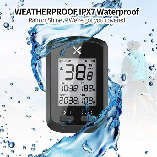 Black waterproof bicycle stopwatch with colour display mounted on bike handlebars.