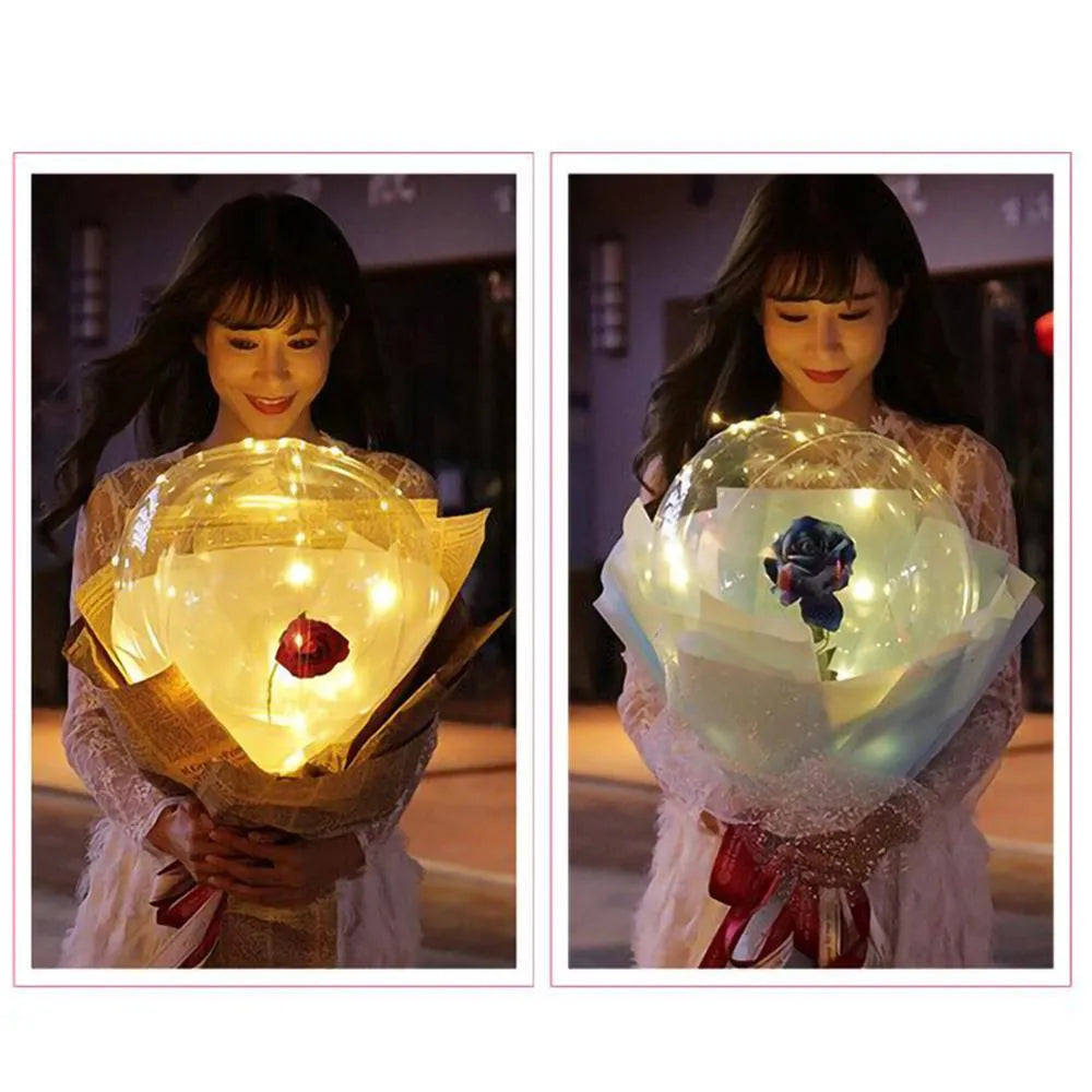 Transparent LED luminous balloon with artificial rose inside glowing with built-in light