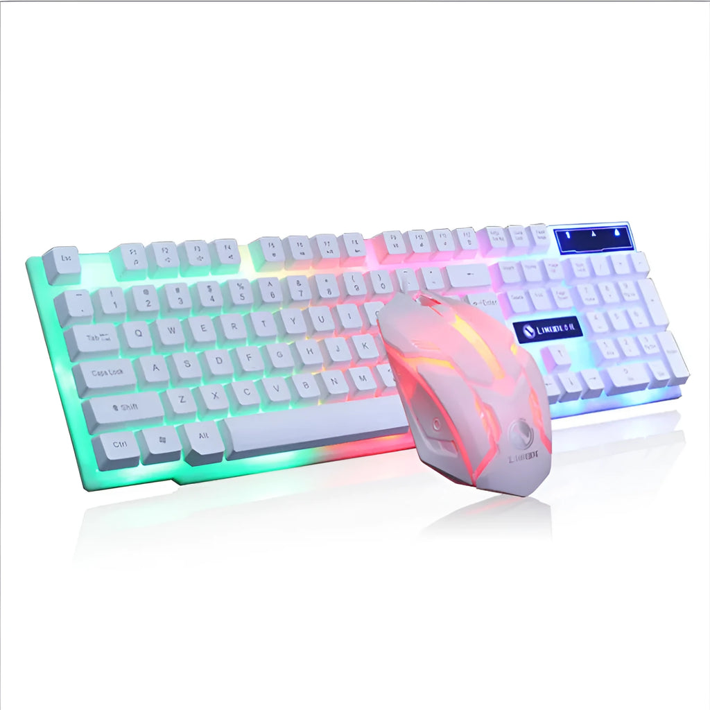 Limei GTX300 white backlit keyboard and mouse set on a desk.
