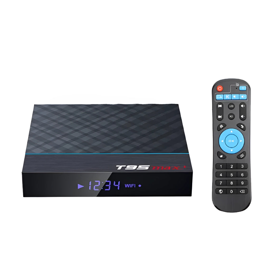 Black T95 Max Plus Android TV Box with Amlogic S905X3 processor, shown with regional power plug options.