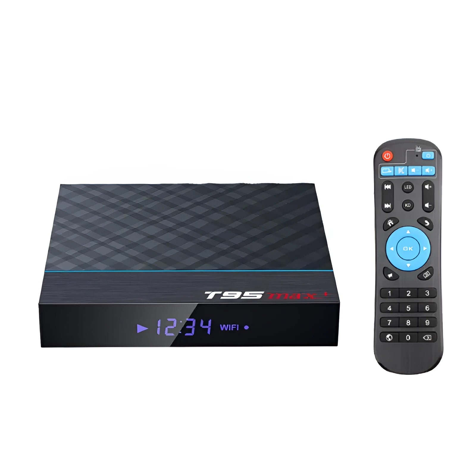 Black T95 Max Plus Android TV Box with Amlogic S905X3 processor, shown with regional power plug options.