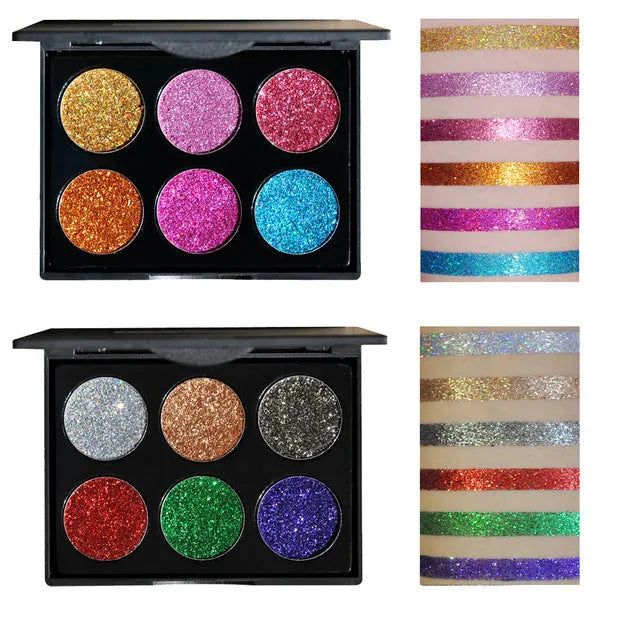 Sequin eye shadow tray with six colours, 10 cm by 7.8 cm by 0.9 cm compact palette